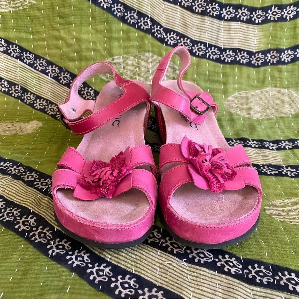 Vionic Pink Orthaheel Floral Strappy Leather Cork Wedge Heeled Sandals Size 7